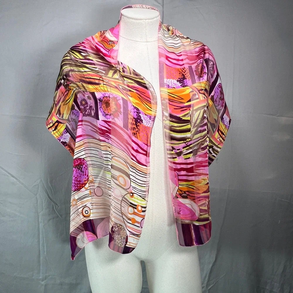 Silk Scarf Made in France Abstract Floral Print Pink Chic Eclectic Y2K Colorful - Picture 7 of 13